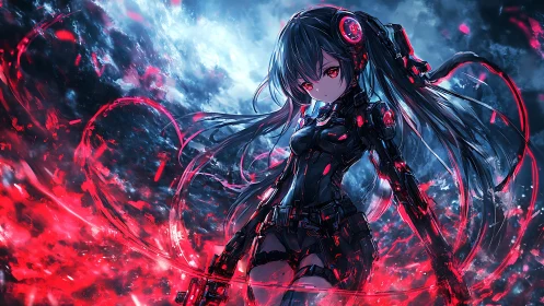 Cybernetic anime girl stands in red energy swirl field