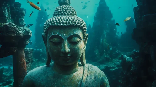 Submerged Buddha statue amid teal ruins and drifting fish.