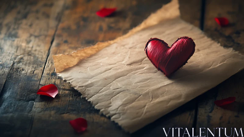 Red Brushstroke Heart on Vintage Parchment. Romantic Still Life.