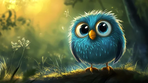 Adorable Blue Cartoon Owl with Big Eyes in Enchanted Forest.
