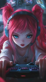 Pink haired gamer girl with headset in neon lit station.