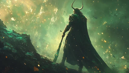 Horned warlord in luminous storm-scarred etheric canyon.