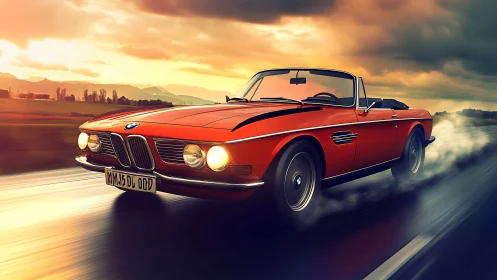 Vintage red BMW cabriolet racing through sunset highway.