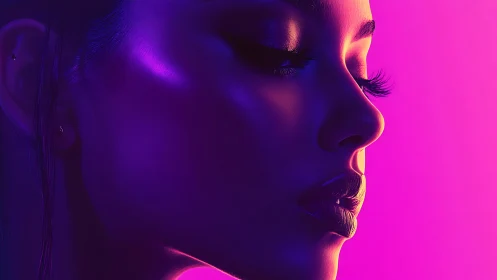 Neon-lit female profile rendered in bold magenta and violet.