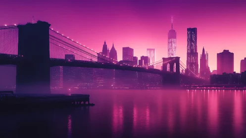 Neon dusk wraps a quiet city bridge in dreamy pink light