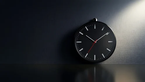 Black wall clock under focused light on dark surface.