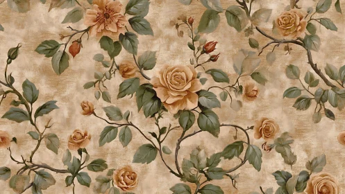 Vintage floral wallpaper pattern with painterly rose vines rendered