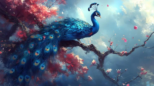 Iridescent peacock rendered on gnarled branch with atmospheric bloom