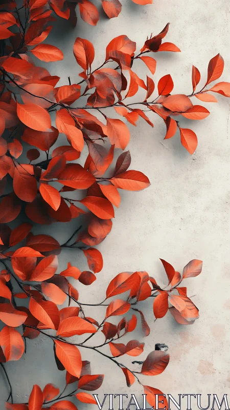 Red foliage branches against light concrete background.