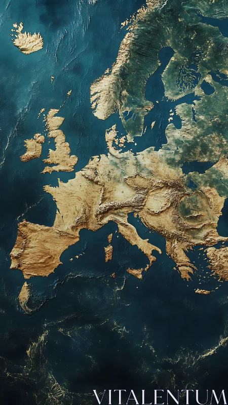 Golden continent of Europe floating on deep teal seas.