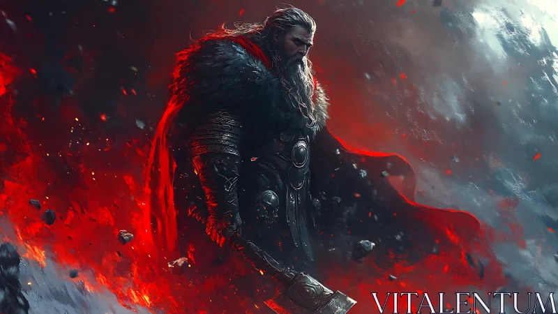 Storm-worn warrior wrapped in ember light and shadowed skies.