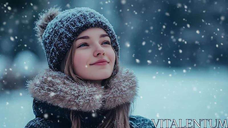 Young woman smiles softly as snow falls in winter calm