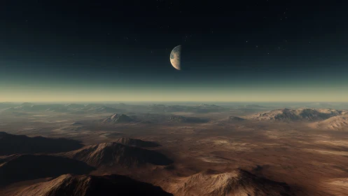 Silent alien mesa under a rising half-world moonlit hush.