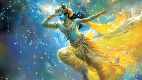 Graceful cosmic dancer in flowing golden starlit robes.