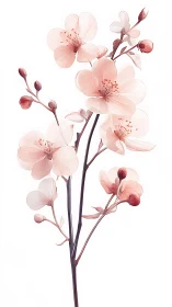 Delicate Pink Cherry Blossoms: Botanical Illustration with Translucent Petals