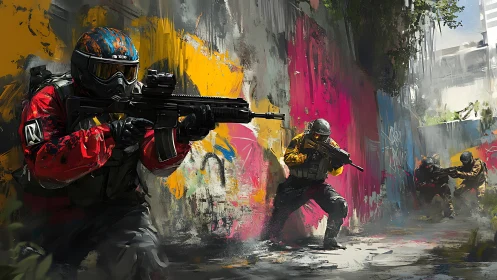 Tactical urban assault team in graffiti alley firefight scenario