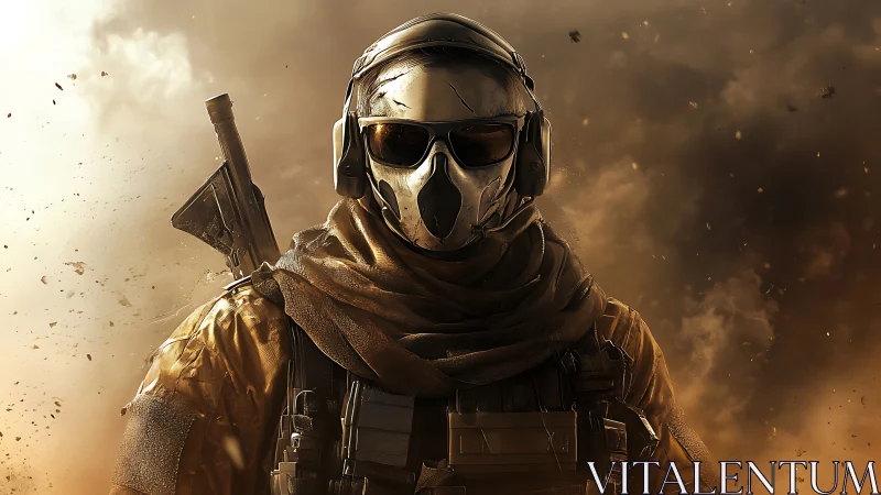 Armored soldier stands in smoky battlefield chaos, resolute