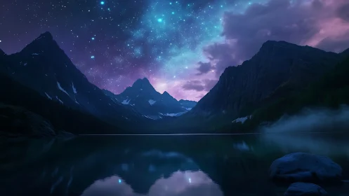 Celestial night sky illuminates alpine lake with ethereal glow