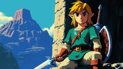 Elf warrior rests with sword before distant mesa landscape