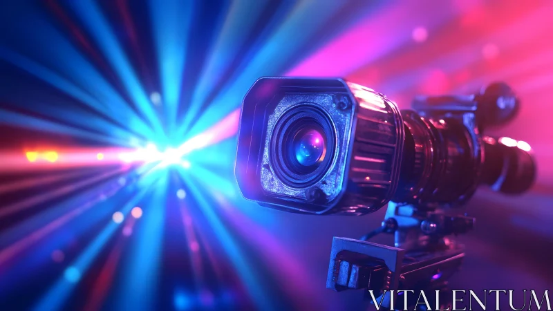 Professional video camera with colorful neon lights in studio.