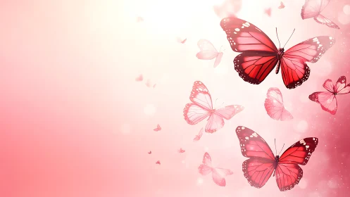 Red butterflies drift upward across soft pink gradient