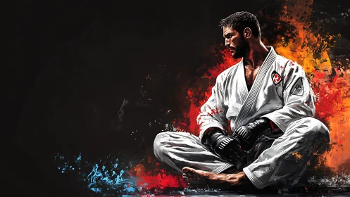 Martial artist meditates in flames of red, blue and shadow