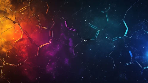 Molecular silhouettes glow across a split cosmic gradient.