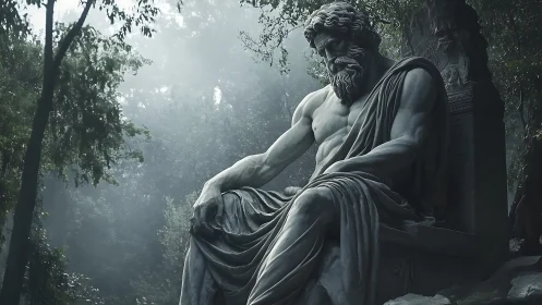 Photorealistic stone titan seated in misty forest clearing.