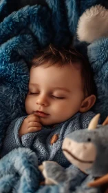 Peaceful sleeping infant nestled in blue textured blankets. Period