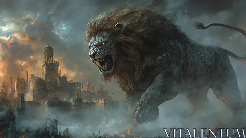 Epic fantasy colossus lion above storm-wreathed ruined citadel.