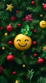 Smiling emoji ornament in lush Christmas tree decor.