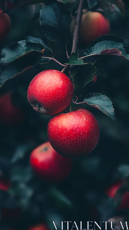 Ripe red apples glowing softly among deep green leaves.