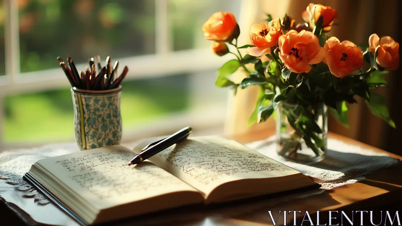 Sunlit Workspace: Literary Pursuits Amid Vibrant Orange Blooms.
