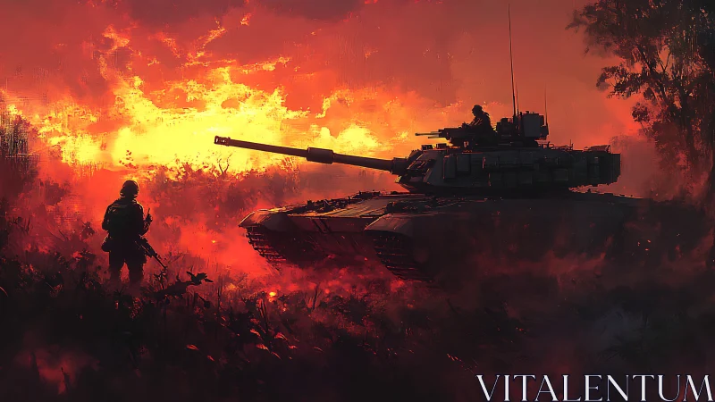 Main battle tank and soldier in infernal sunset battlefield
