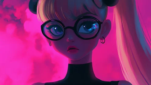 Glossy neon portrait of girl with glasses in magenta haze.