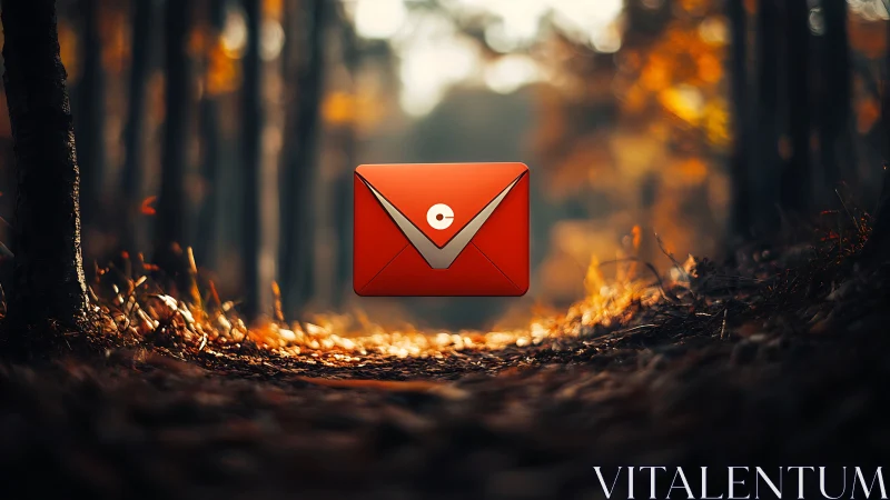 Floating red email envelope icon contrasts with shallow forest bokeh