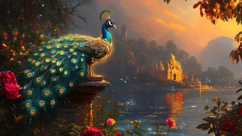 Regal jewel-toned peacock guarding a sunset temple river.