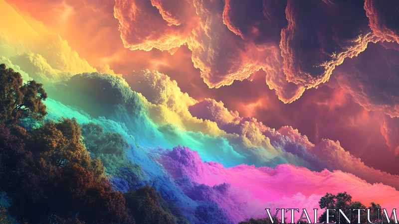 Vivid rainbow storm clouds rolling over surreal forest sky