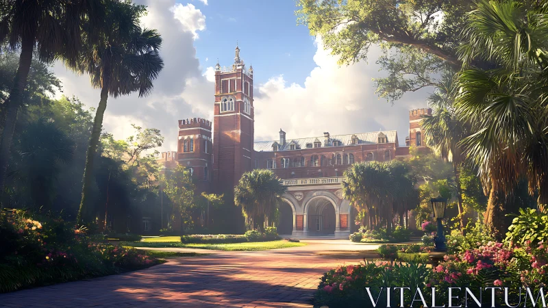 Sunlit redbrick academy wrapped in lush tropical hush.