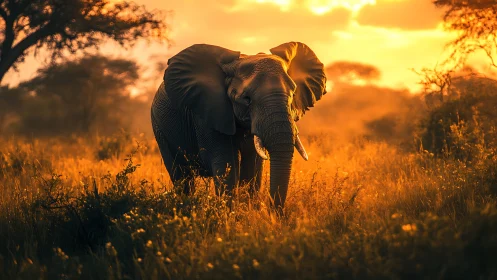 Sunfire savanna elephant strolling through molten dusk glow.