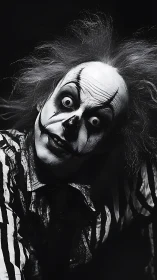 Creepy monochrome clown portrait with wild hair pose.