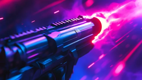 Futuristic energy pistol firing neon plasma blast in void.