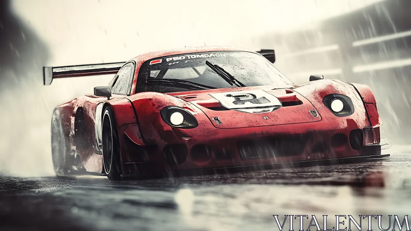 Red endurance race car speeding through heavy rain on track.