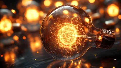 Rendered glass bulb encloses dense orange light network