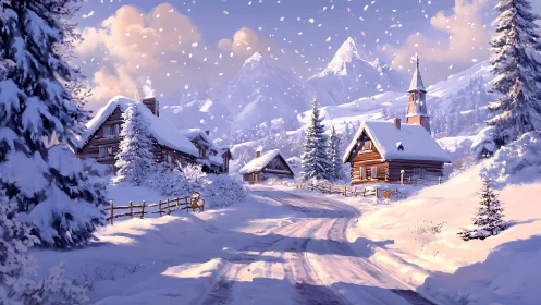 Snowy alpine village road curves toward glowing mountains.