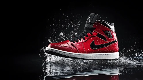 Bold red sneaker splashing to life in dramatic water play.