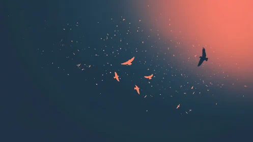 Silhouetted birds cross gradient sky with scattered particles