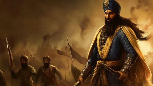 Regal Sikh warrior leads his determined army through smoke and fire
