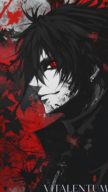 High-contrast anime profile with red eye glow and splatter backdrop