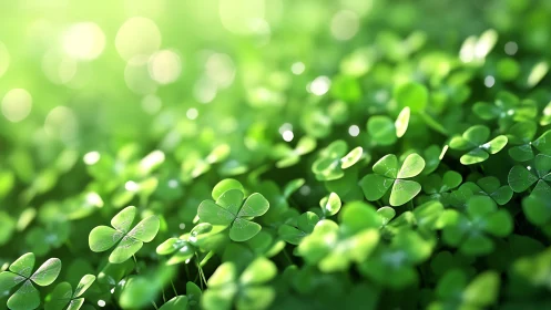 Sunlit green clover leaves shimmer over soft blurred field